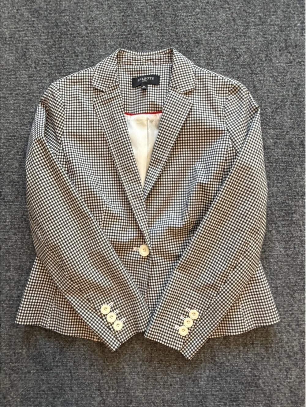Talbots Black White Gingham Check Plaid Cotton Blend Lined Blazer Jacket Size 2p